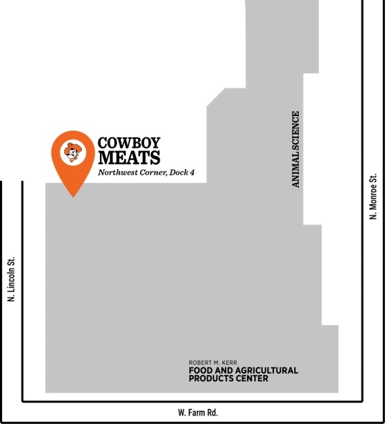 Map showing the location of Cowboy Meats at the Robert M. Kerr Food and Agricultural Products Center, near Animal Science.
